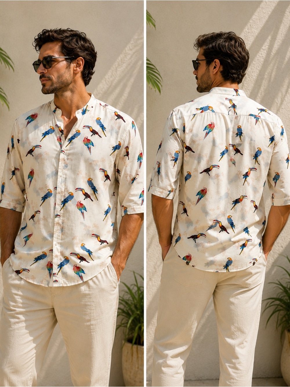Genius Made in Italy Men’s Parrot Print Shirt 100% Viscose Tropical